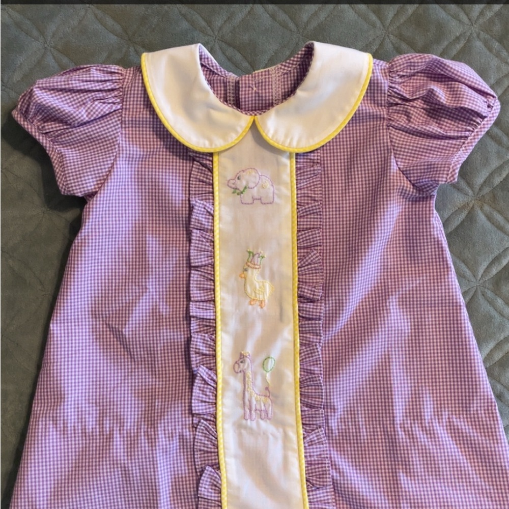 Mardi Gras Smocked Purple Gingham Baby Dress with Animal Embroidery -12 months